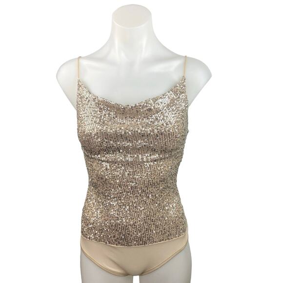 NEW Chocolate Gold Sequin Metallic Embellished Sleeveless Cami Bodysuit Size M - Picture 1 of 5